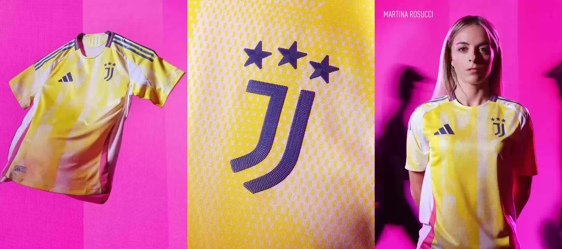Visual composition featuring male and female players wearing the new Juventus 24/25 Away Kit