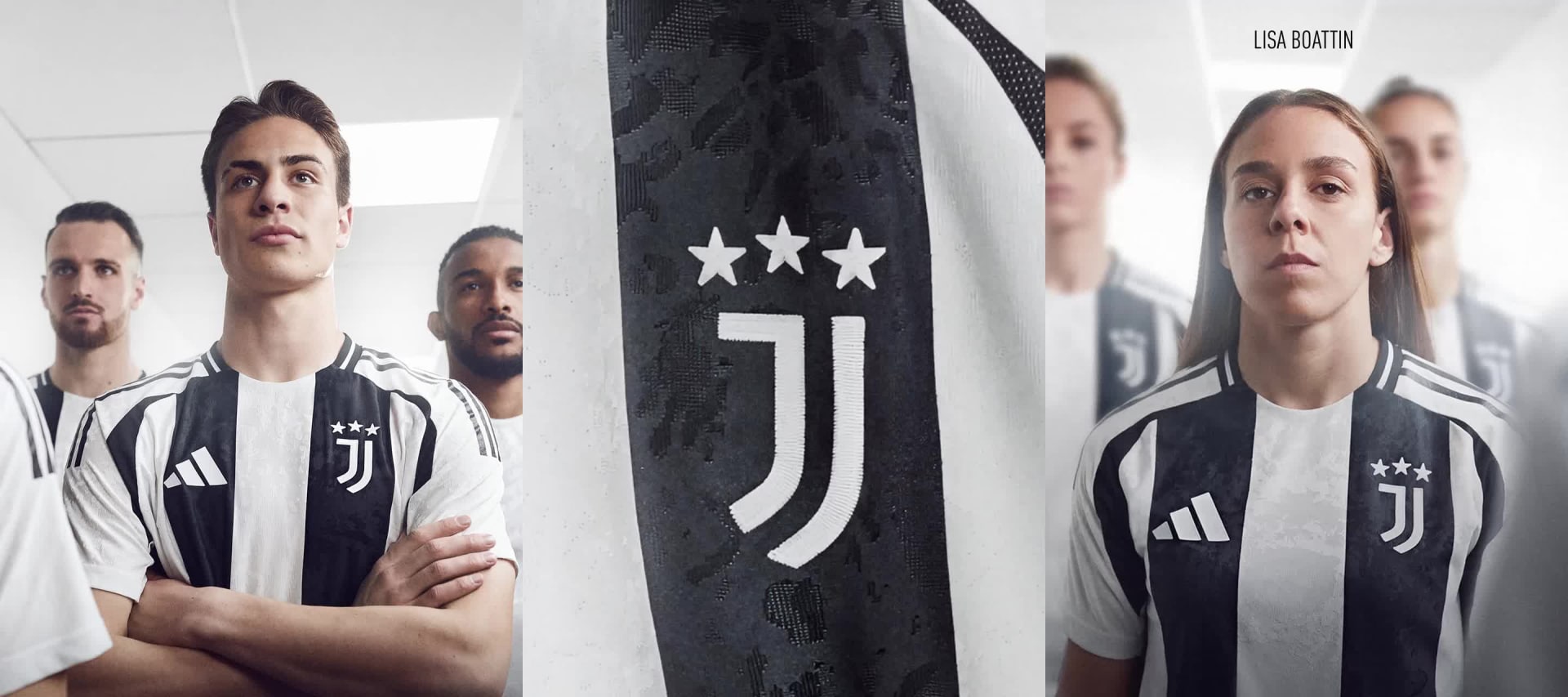 Visual composition of male and female players wearing the new Juventus 24/25 home kit