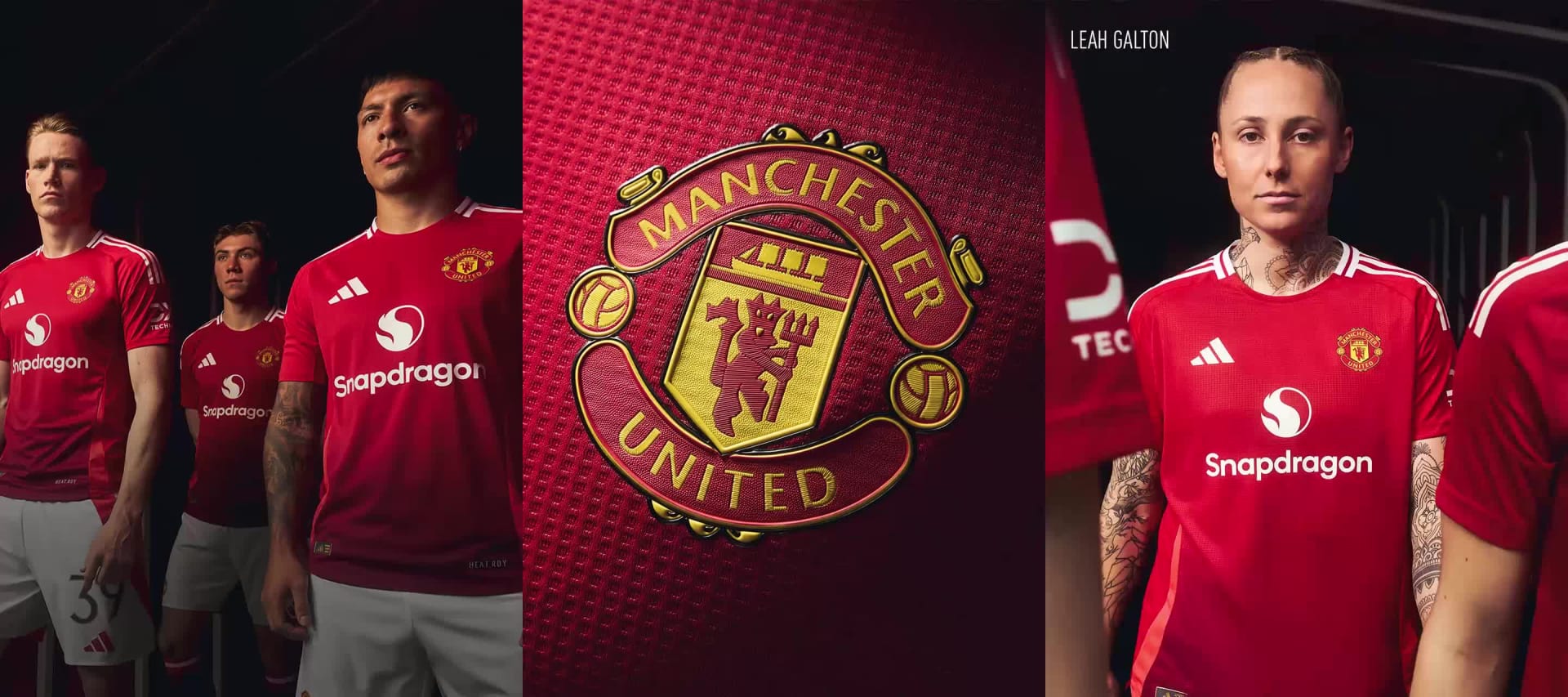 Visual composition of male and female players wearing the new Manchester United 24/25 home kit