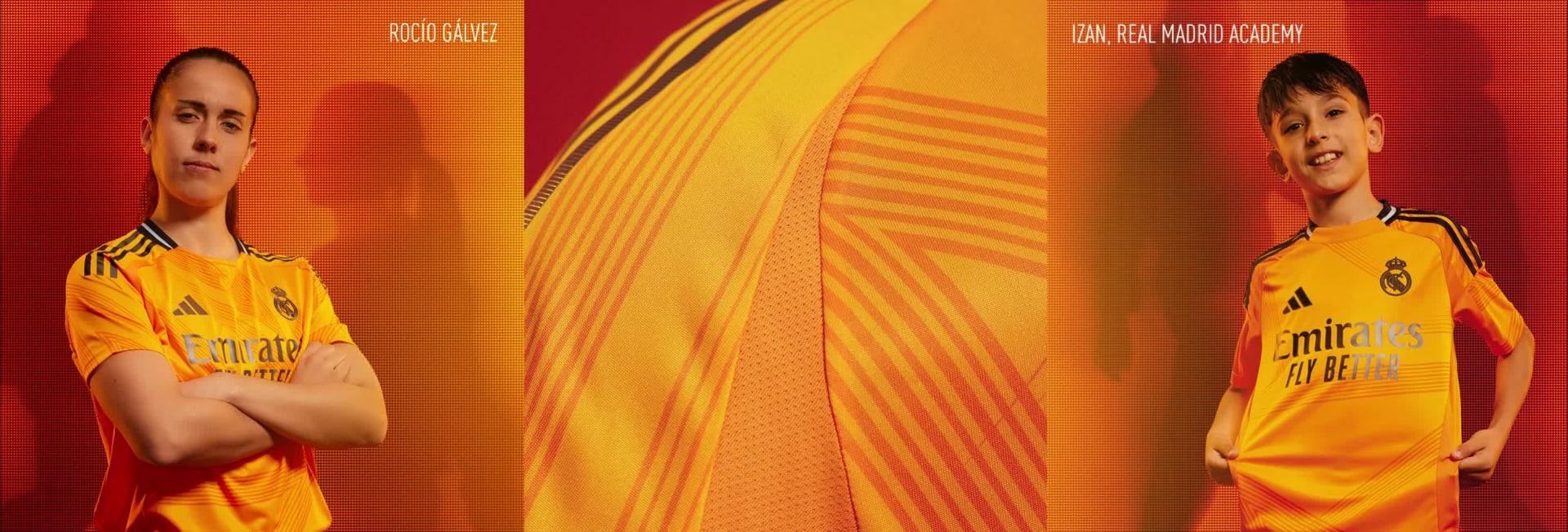 Visual composition featuring male and female players wearing the new Real Madrid 24/25 Away Kit