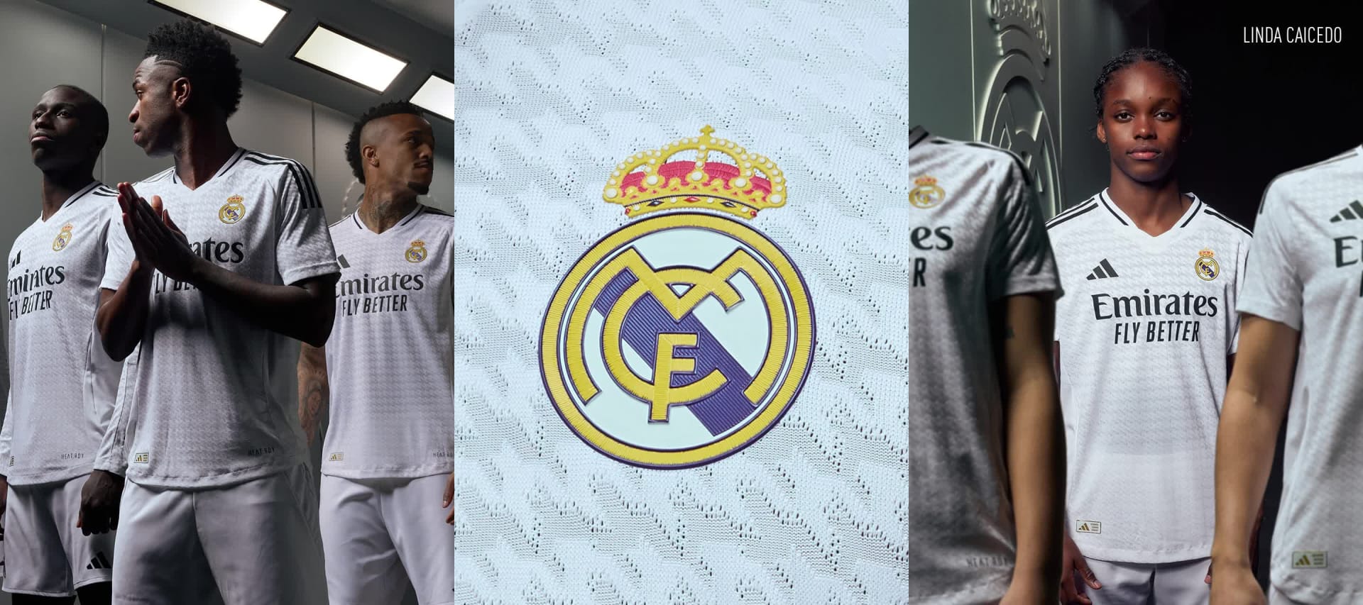 Composición visual con jugadores y jugadoras vistiendo la nueva primera equipación del Real Madrid 24/25