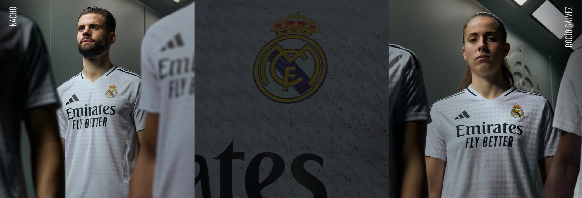 Visual composition featuring male and female players wearing the new Real Madrid 24/25 Home Kit