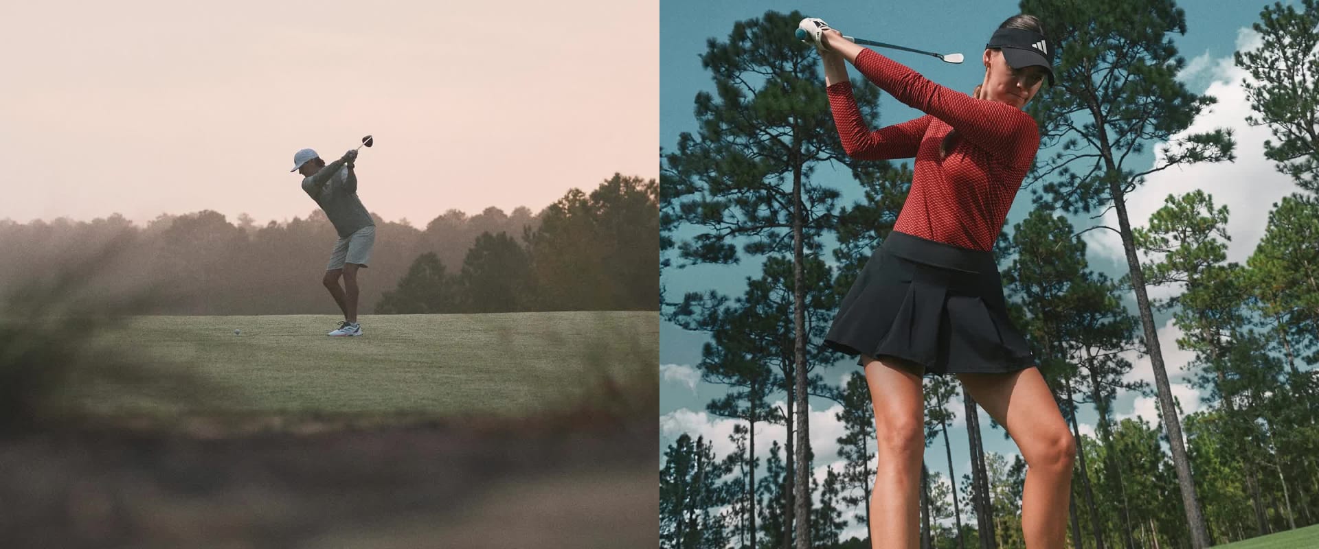 Man and woman on golf course swinging a golf club.