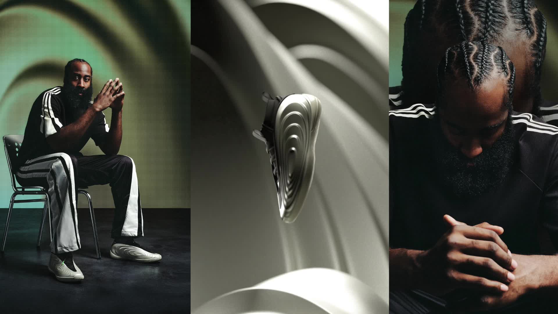 Sentado James Harden con ropa adidas a la izquierda, en un vídeo de la Harden Vol. 10 zapatillas en el centro y un primer plano de Harden mirando hacia abajo, a la derecha.