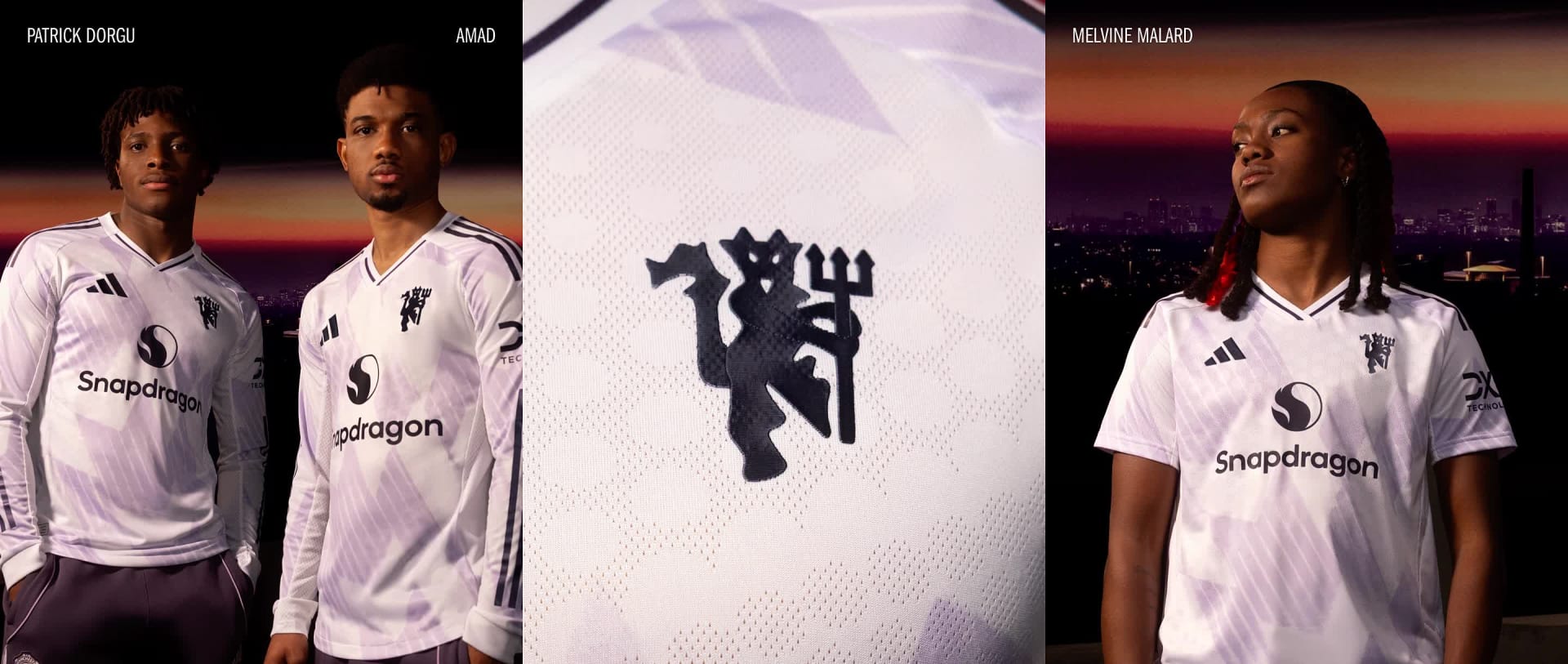 The image shows three individuals wearing white jerseys with the Manchester United logo prominently displayed, standing in front of a sunset backdrop.