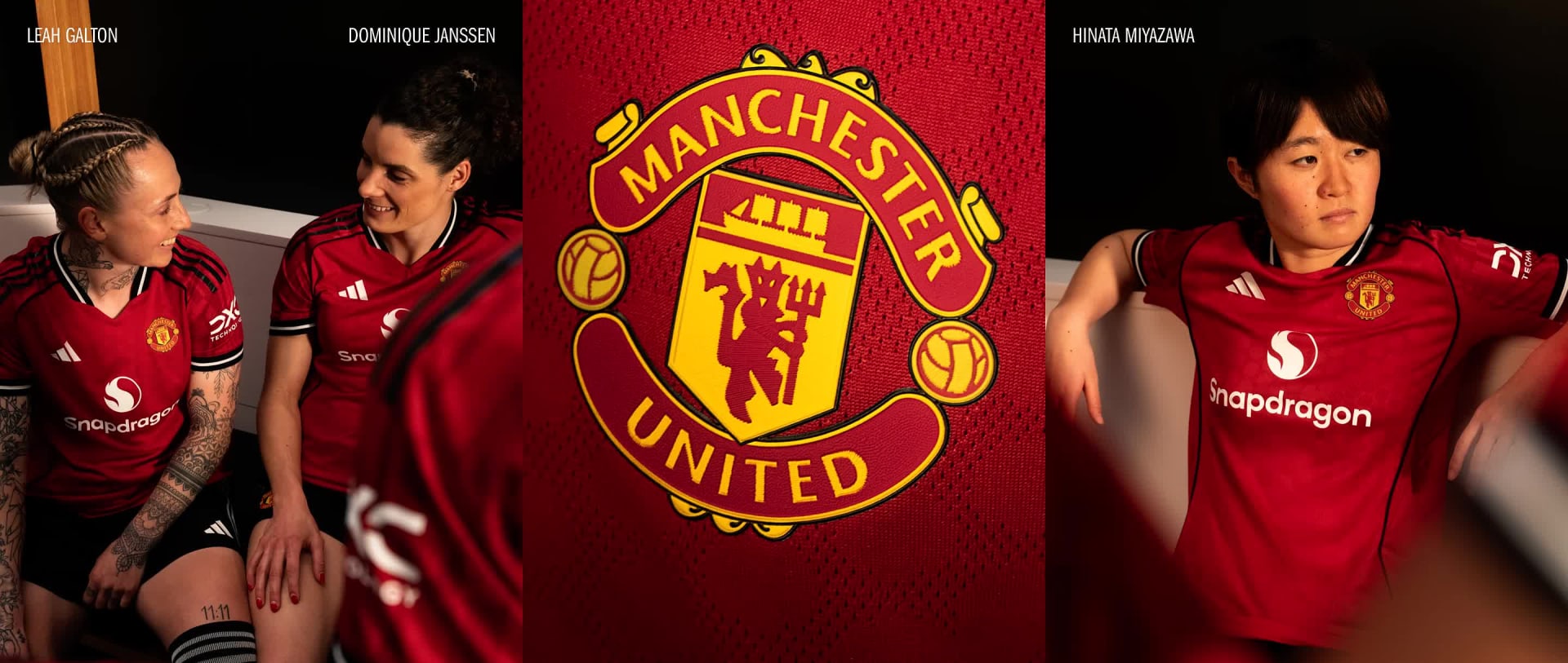 The image shows the iconic Manchester United logo prominently displayed on a red background, with players in the team's distinctive red uniforms visible in the background.