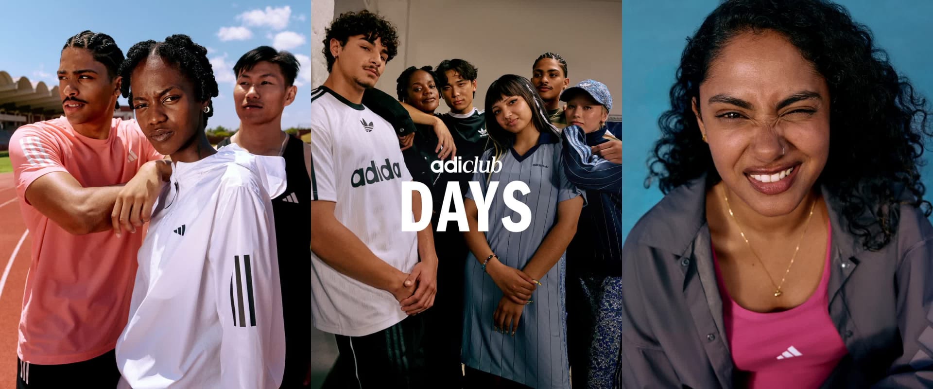 A three-image layout. One showing three people in a strong pose on a running track, one of a group of young people posing for the camera, and the other a playful portrait of someone squinting from the sun. 