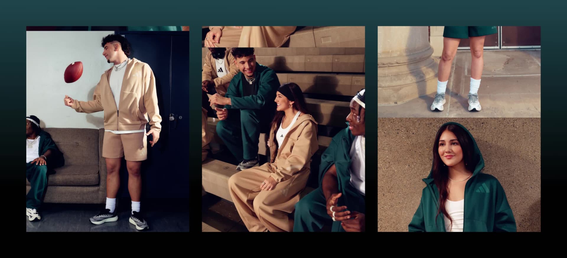 A group of young people sit on the steps of an indoor gym, wearing apparel from the new ADIDAS Z.N.E. range.