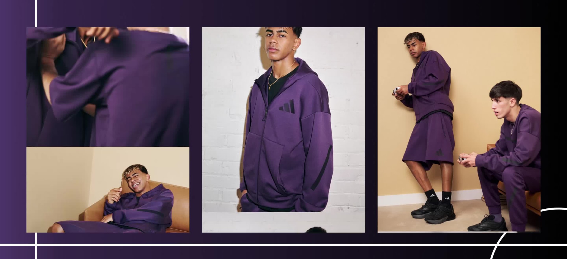 2025年秋冬シーズンの新しいルックを身に着けたラミン・ヤマルとその仲間の写真を、スライドさせて再生するアニメーションで再現。スタイリングはすべて異なる。