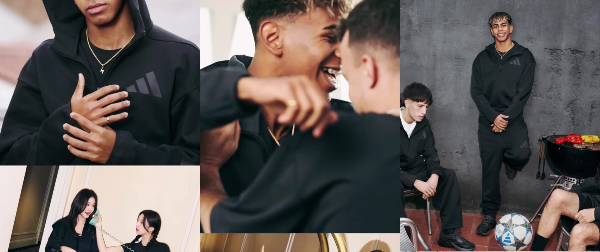 A sliding animation plays showing multiple shots of Tate McRae, Lamine Yamal and BABYMONSTER wearing black articles from the new ADIDAS Z.N.E. range.