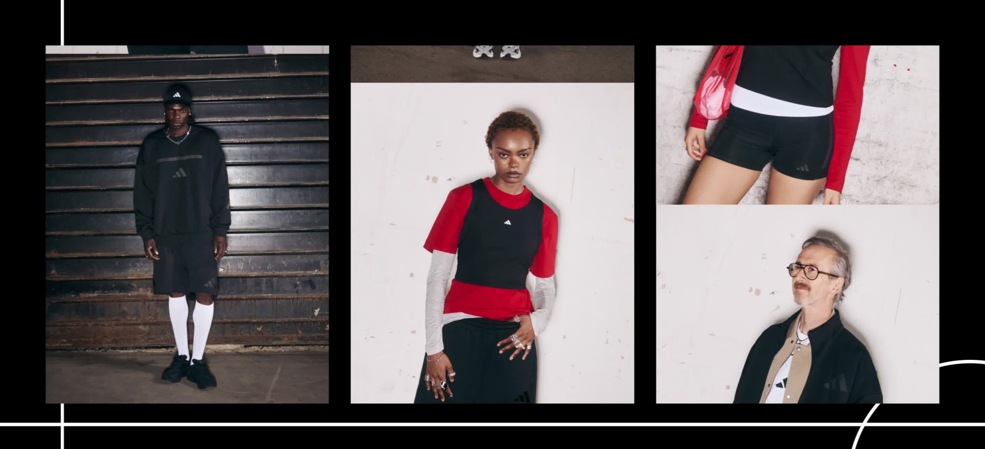 A sliding animation plays showing various people wearing black articles from the new ADIDAS Z.N.E. range, all styled differently.