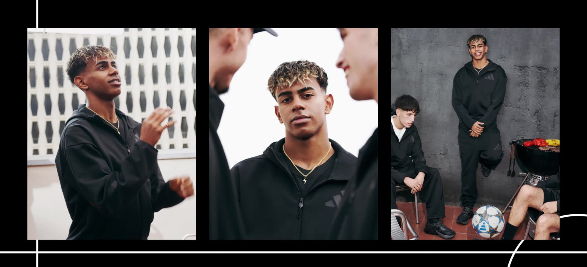 Een sliding-animatie toont Lamine Yamal en haar vrienden die zwarte artikelen uit de nieuwe ADIDAS Z.N.E.-collectie dragen, allemaal in een andere stijl.