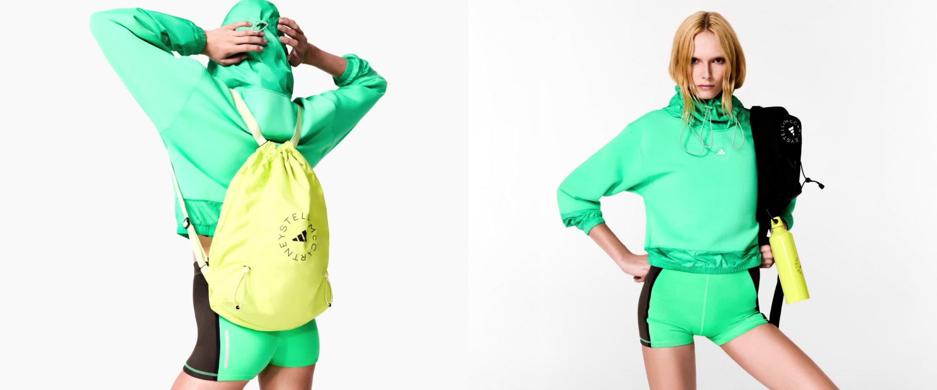 Animated 50/50 split image, model wearing head to toe adidas by Stella McCartney SS25 apparel.