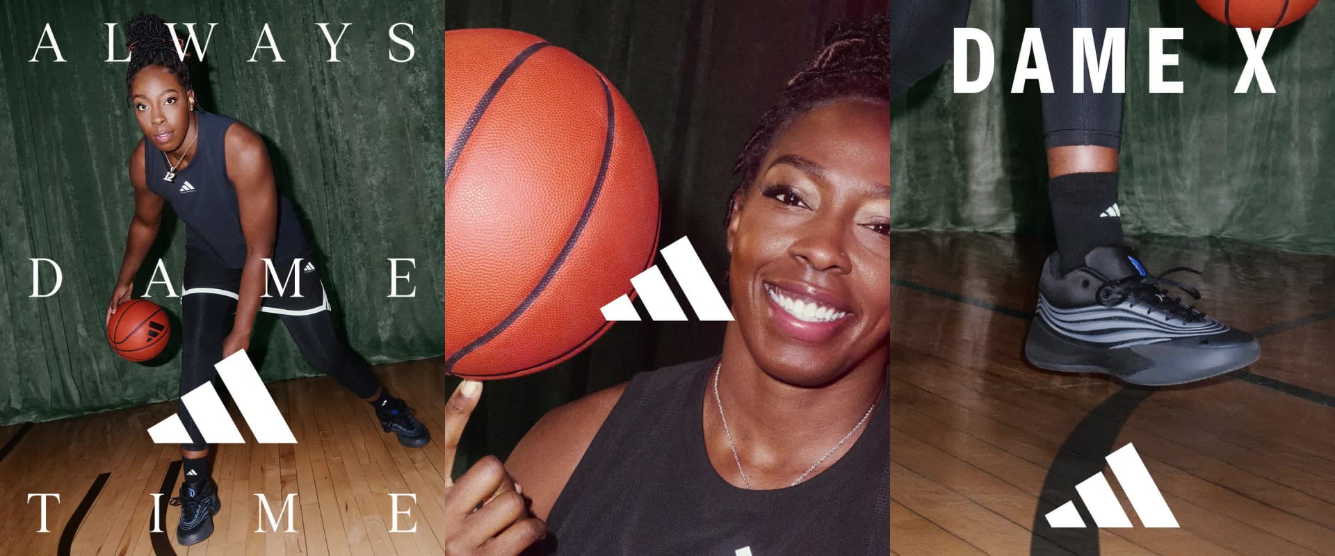 The image shows a smiling person wearing a black tank top and holding a basketball in front of a backdrop with sports-related text and imagery.