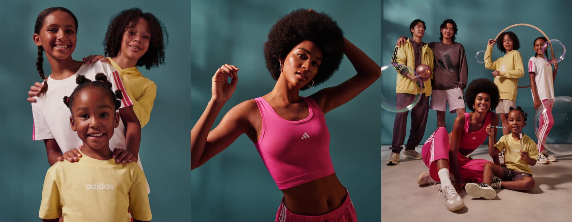 Three individuals wearing colorful, flowing dresses stand against a dark, textured background.