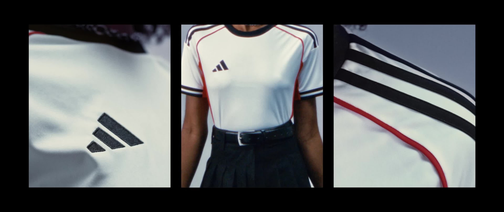 The image features two individuals wearing athletic jerseys with the Adidas logo prominently displayed, standing against a backdrop of striped patterns.