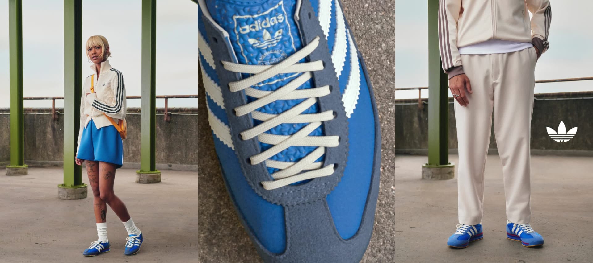 A man and a woman wear adidas apparel and blue adidas SL 72 shoes while standing outside on a concrete street.