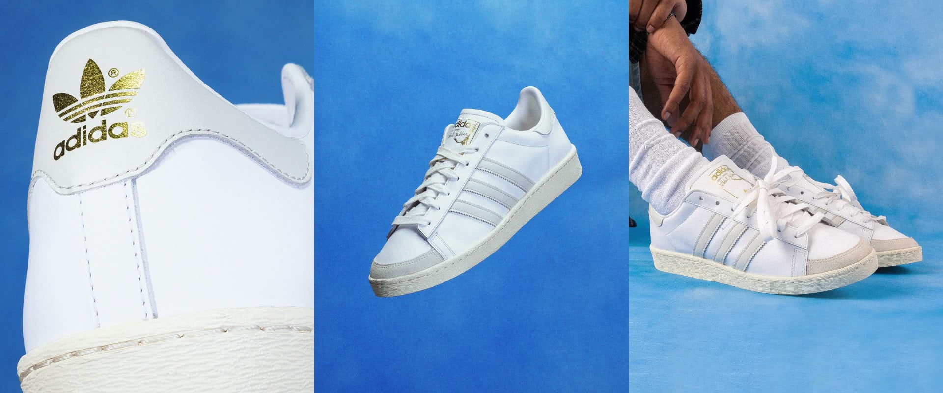 Animated GIF alternating between two photo collages of Jabbar sneakers. One collage showcases the Jabbar Hi Trainer in white with black stripes from three angles.