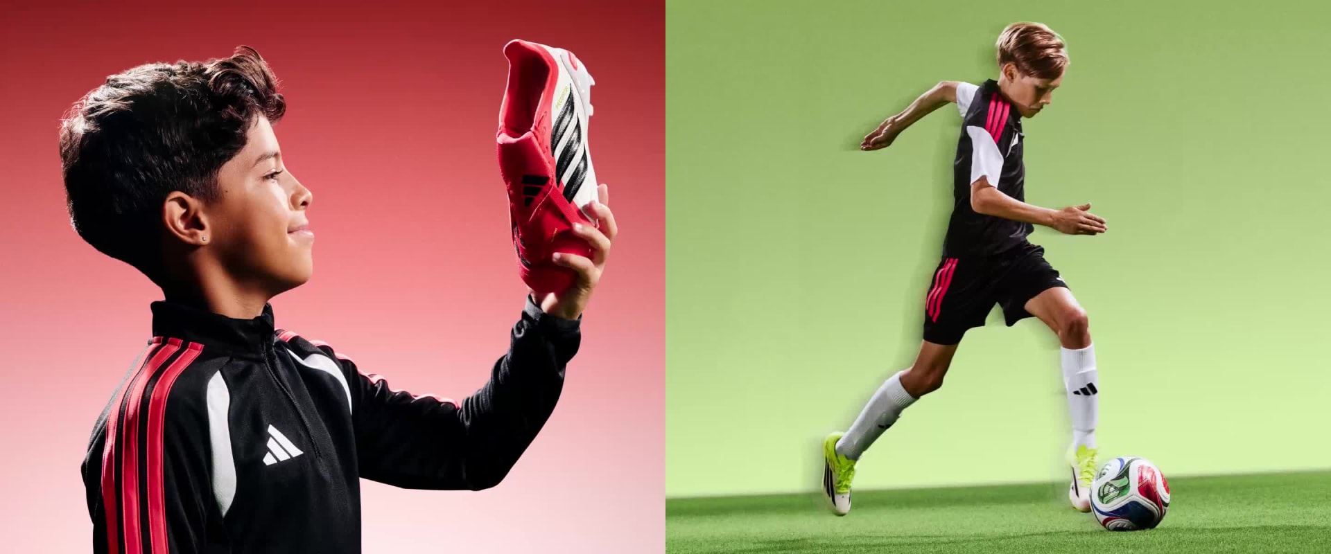 This image a man on the left against a faded red, white background with football boots between his hands and a man on the right against a faded lime green and white background holding a football boot either side of his face and wearing sunglasses. 