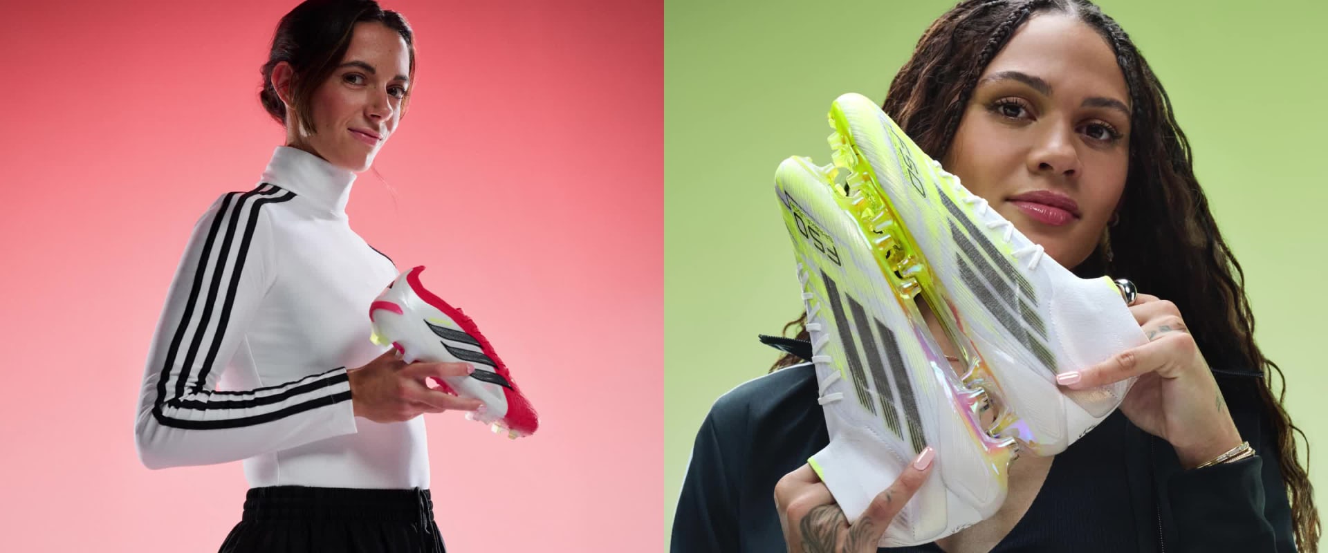The image depicts two women holding football boots. The women on the left looks forward against faded red background. The women on the right stands sideways, holding a football boot with a faded lime green and white background. 