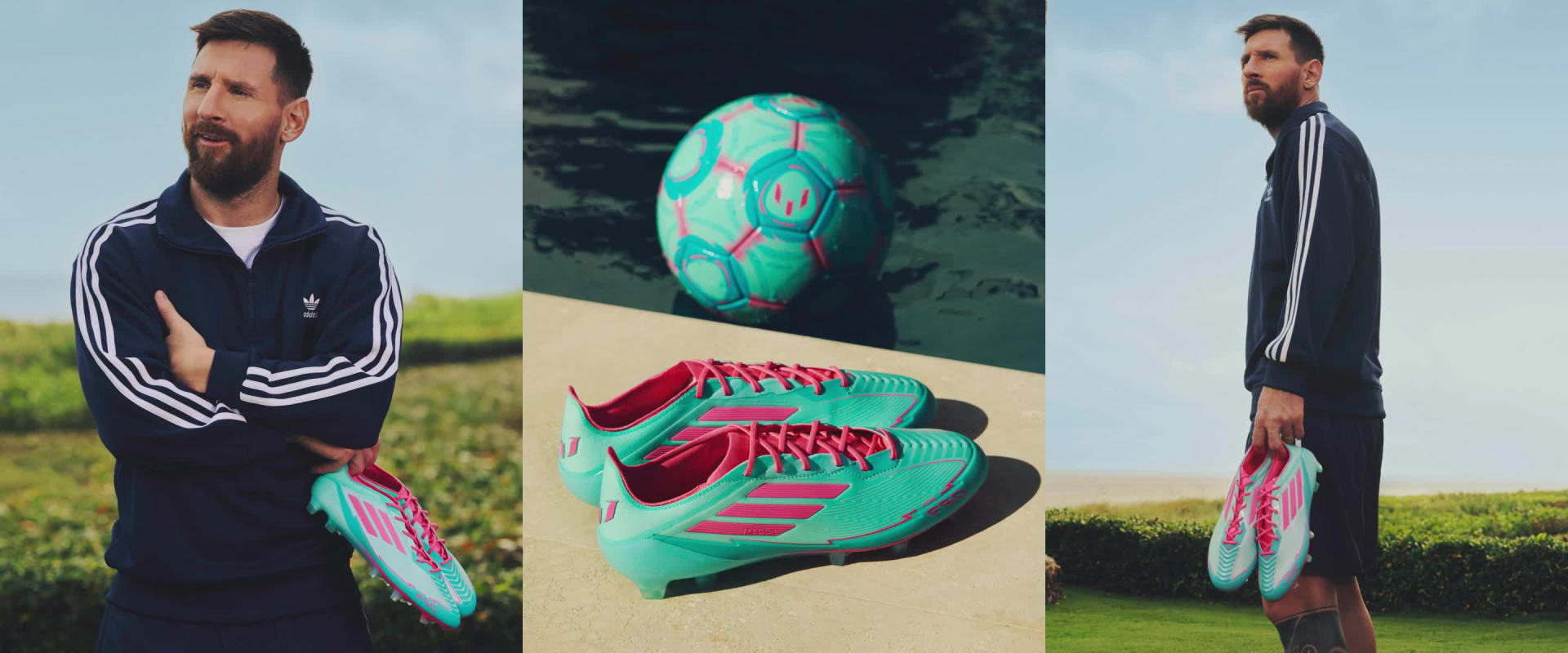 Messi wearing a navy blue Adidas jacket stands in a field with a clear blue sky in the background, holding a pair of colorful F50 soccer cleats