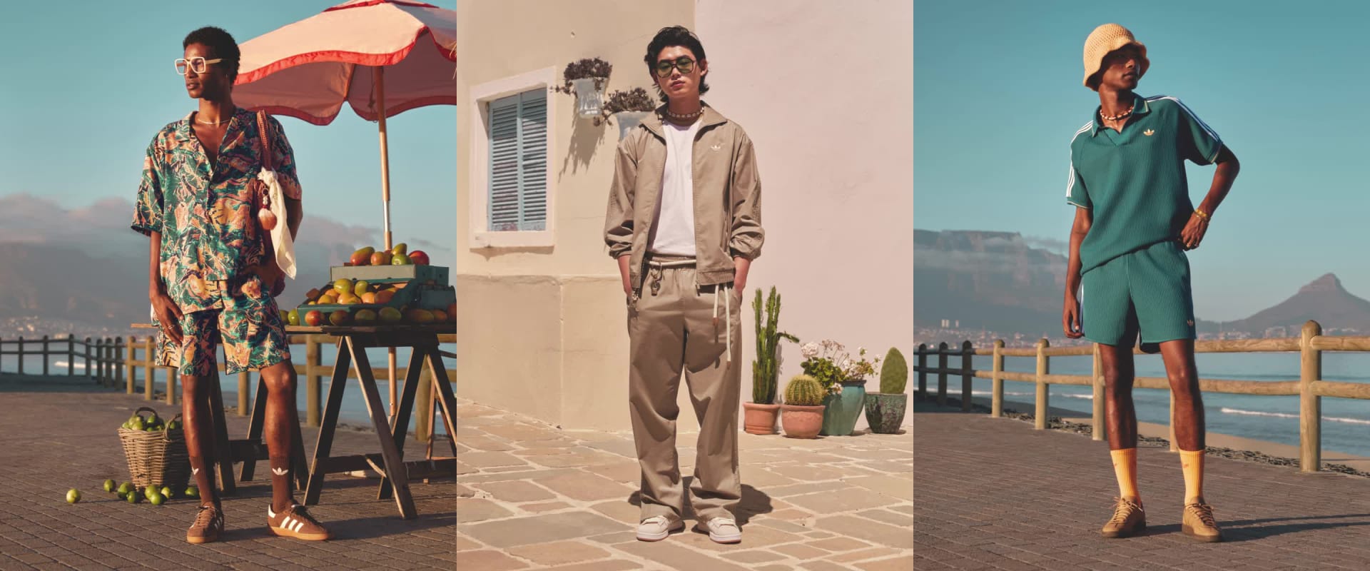 A triptych of four models (two male, two females) wearing the colorful adidas 2025 Summer Glow collection.