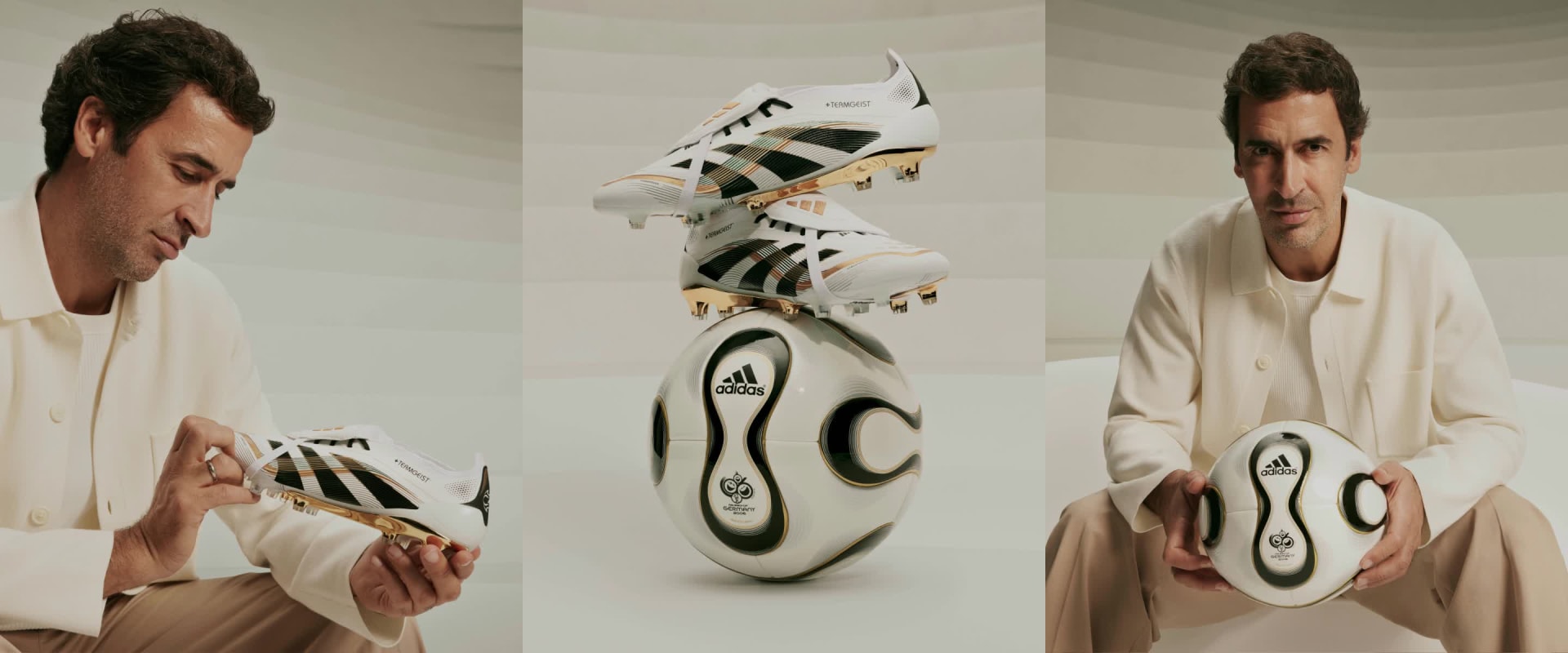 The image features a pair of Adidas soccer cleats in the foreground, with a man in a beige outfit holding them in his hands. In the background, another man in a similar outfit is also holding a pair of Adidas soccer cleats.