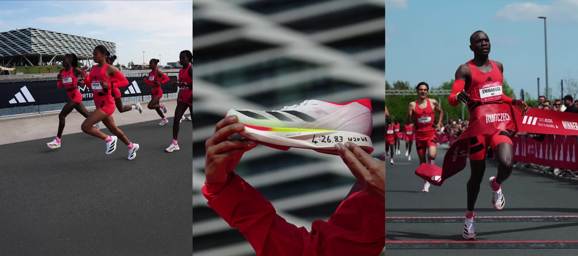 Video of winner finishing the line. Image of happy runner. Image of Adizero-Shoe while running.