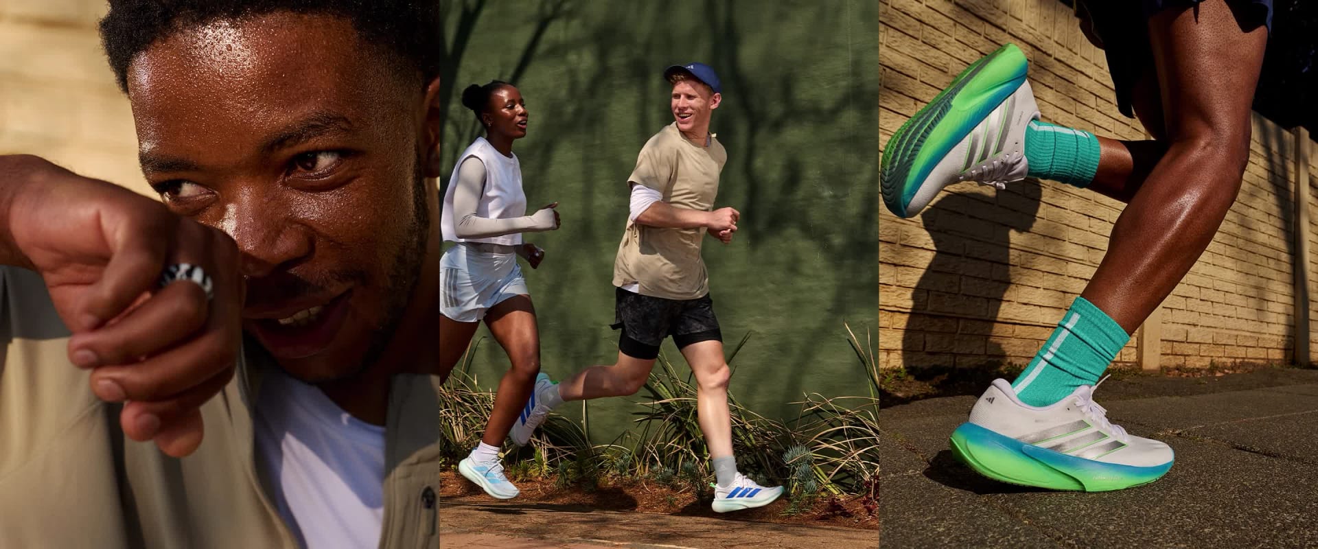 The image shows a close-up of a person's face in the foreground, with two other people visible in the background, one standing in a grassy area and the other wearing athletic shoes.