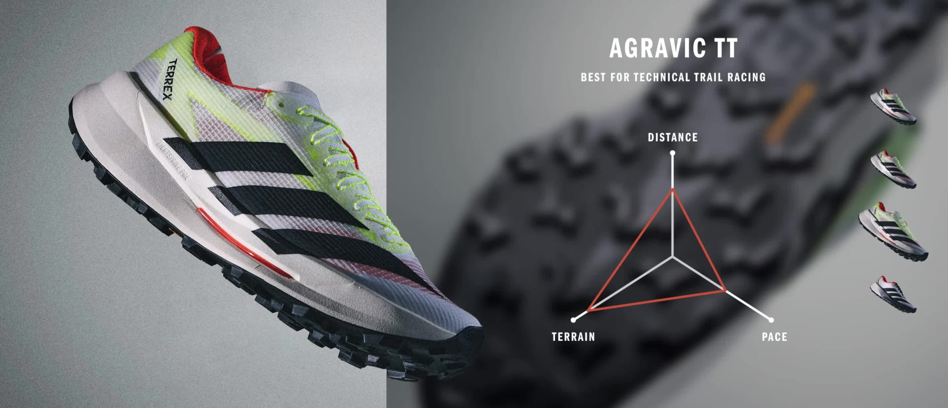 The image shows a close-up view of a sports shoe, specifically the Adidas Agravic Speed Ultra 2 model, with its distinctive design and colors prominently displayed against a blurred background.