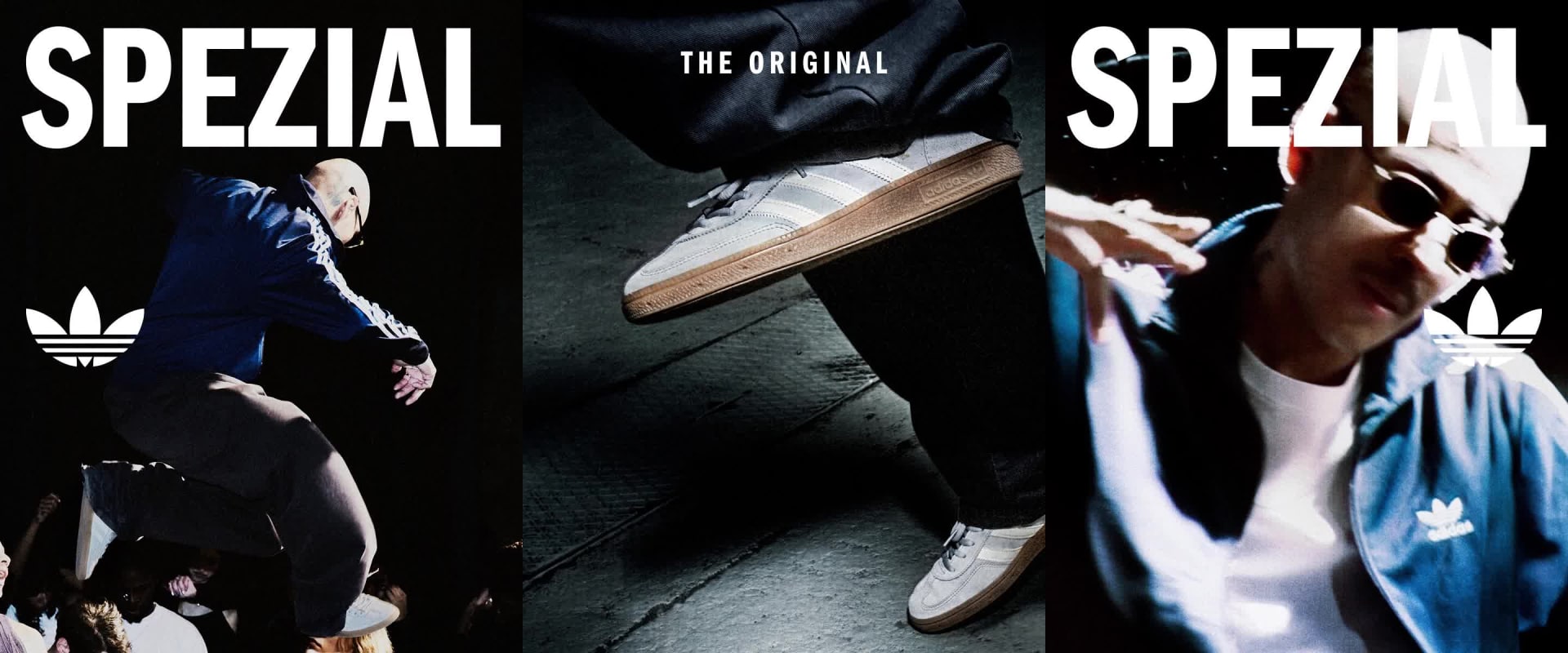 "Three-panel image collage featuring Adidas Samba sneakers and a black Adidas Firebird jacket, with people in stylish outfits. Bold text reads Samba and The Original. Adidas tefoil logo is displayed on each panel. "