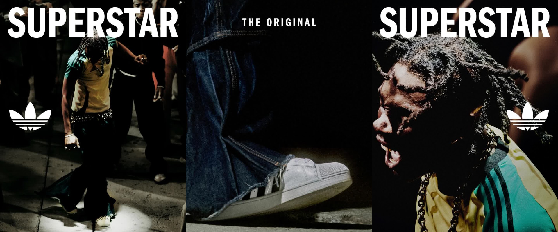 "Three-panel image collage featuring Adidas Samba sneakers and a black Adidas Firebird jacket, with people in stylish outfits. Bold text reads Samba and The Original. Adidas tefoil logo is displayed on each panel. "