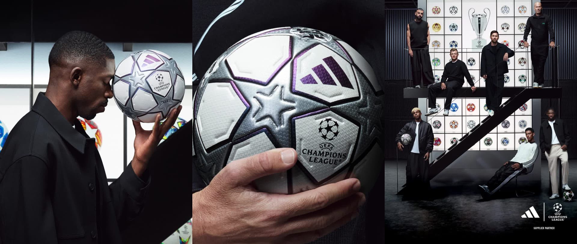 Visual composition featuring football legends with the new UEFA Champions League 25 years anniversary match ball