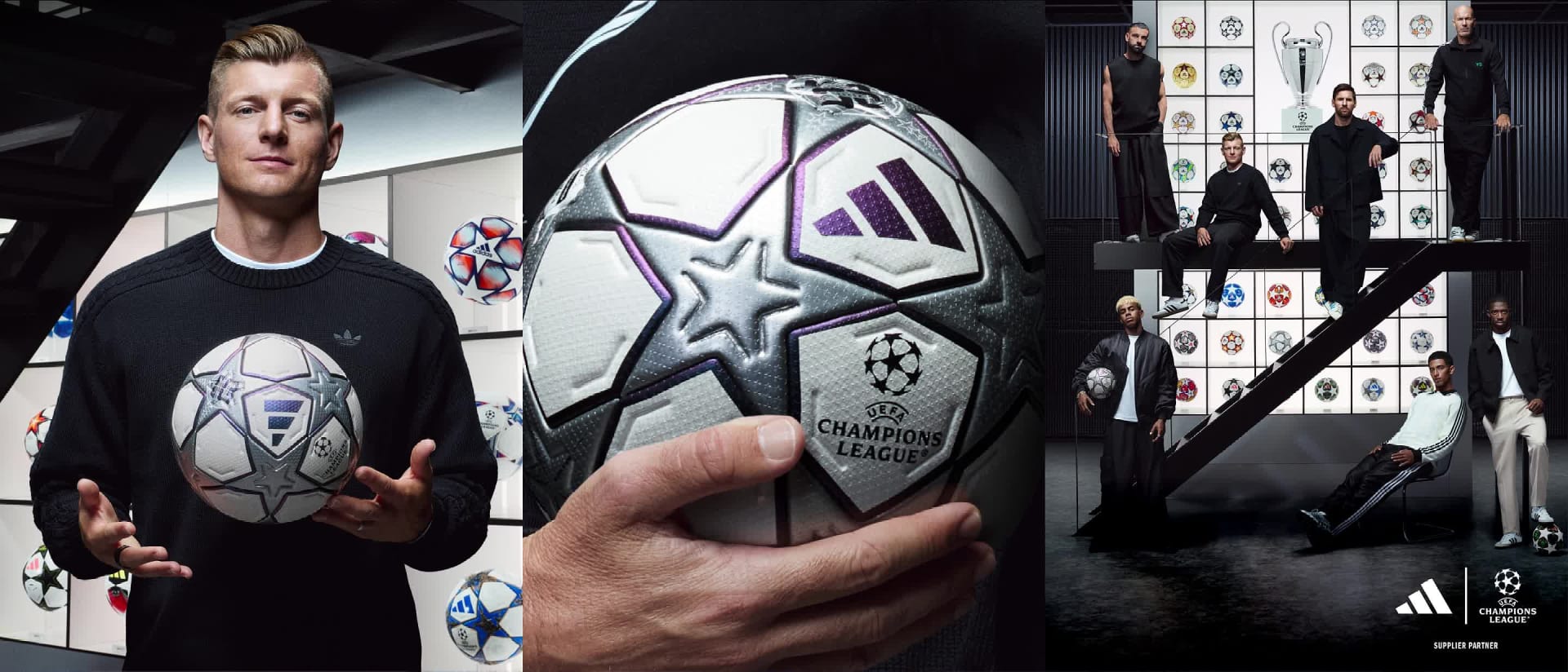 Visuelles Composition mit Fußball-Legenden und dem neuen Spielball zum 25. Jubiläum der UEFA Champions League