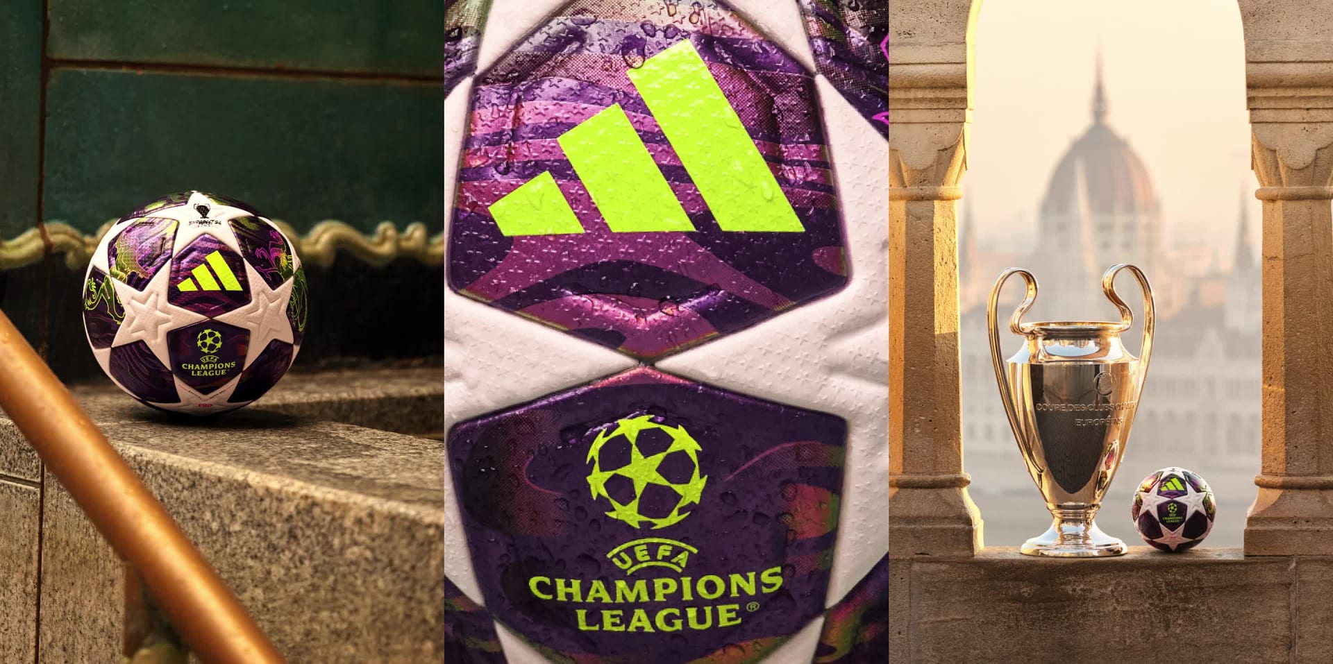 Billedet viser forskellige fodboldrelaterede produkter, herunder en fodbold med UEFA Champions League-logo, en lilla og gul fodboldtrøje og et trofæ.