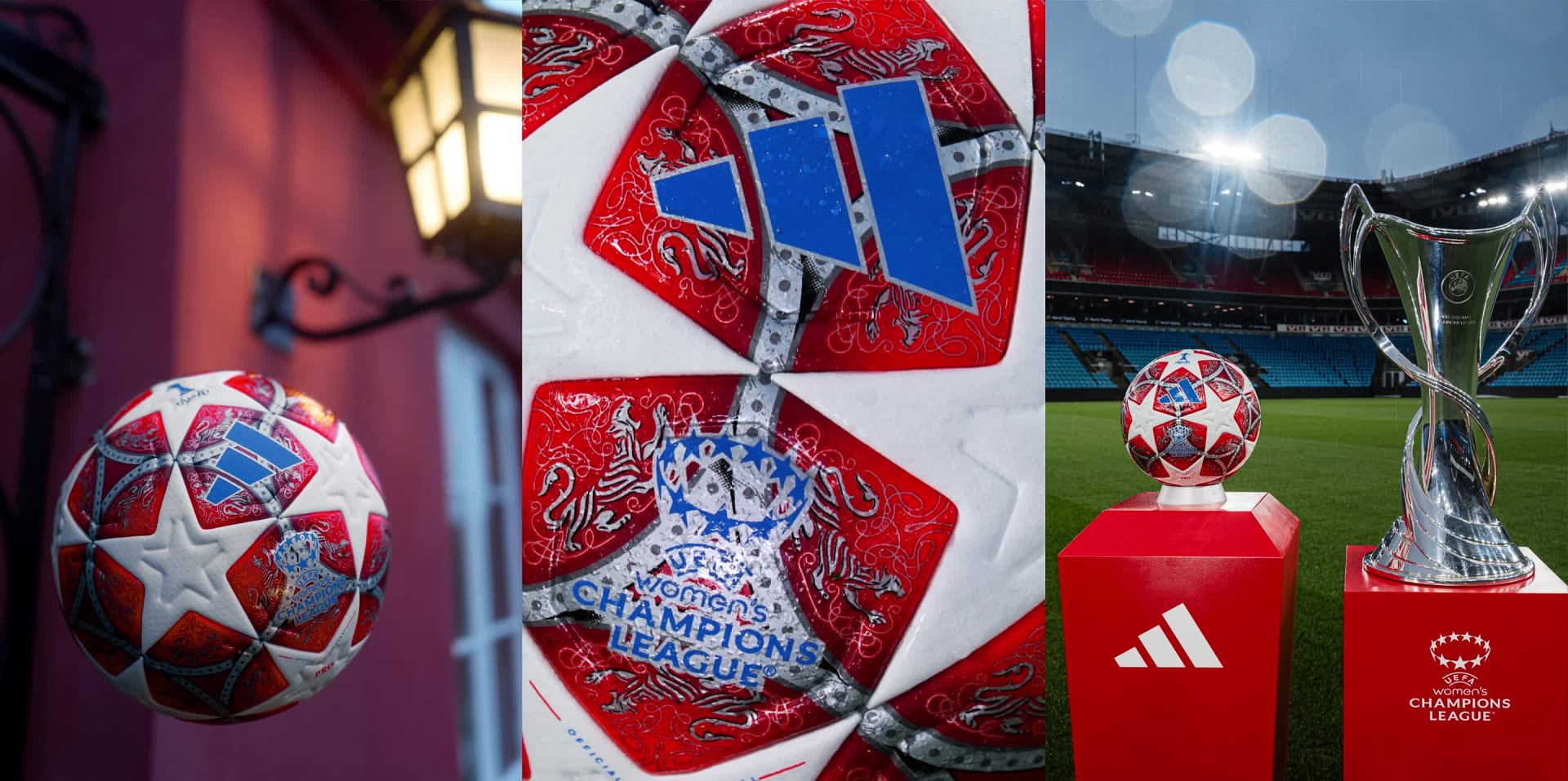 Na zdjęciu widać różne przedmioty związane z piłką nożną, w tym czerwono-niebieską piłkę nożną, czerwony bidon z brandingiem adidas i duże trofeum w tle, wszystkie osadzone na rozmytym boisku sportowym.