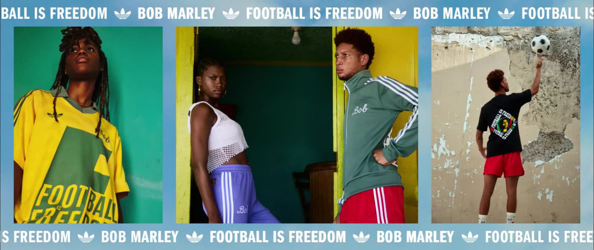 Visual composition featuring male and female models wearing the new Jamaica Bob Marley Collection