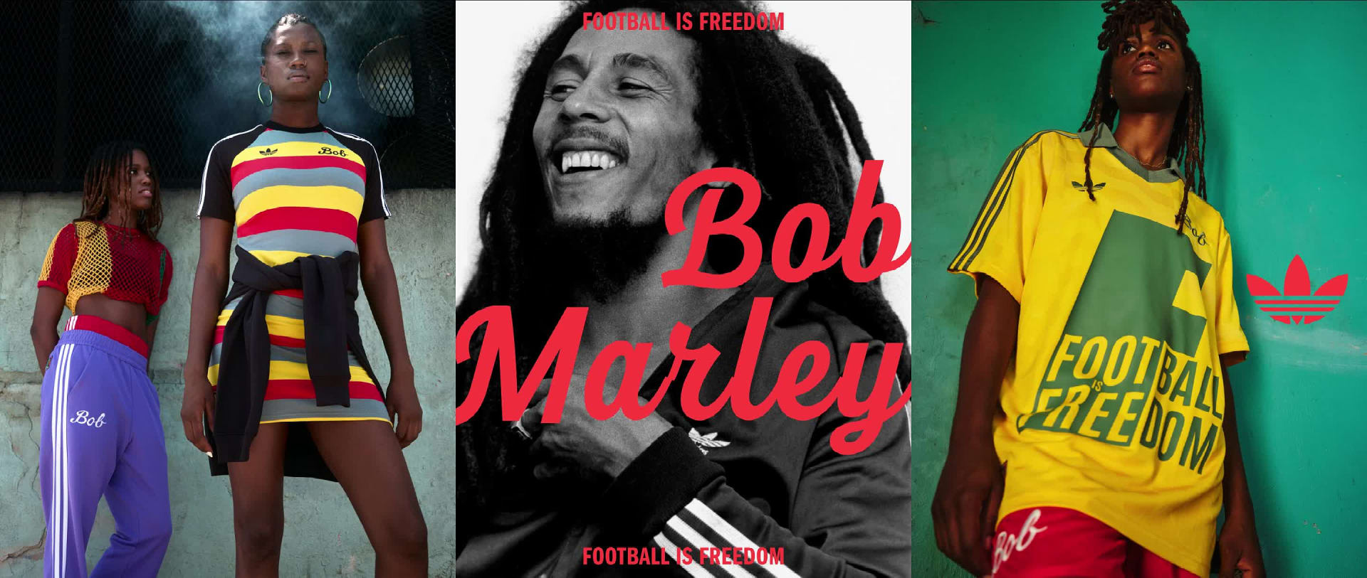Visual composition featuring female models wearing the new Jamaica Bob Marley Collection