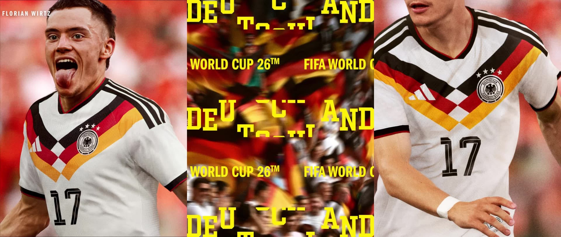 Visual composition featuring Flo Wirtz wearing the Germany FIFA World Cup 26™ Home Kit