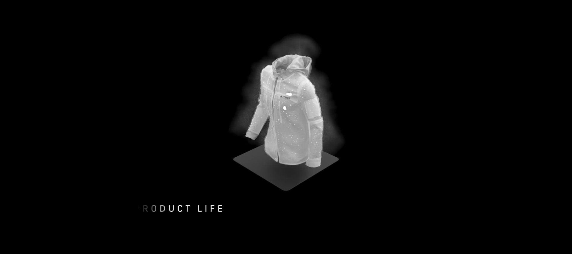 A white, crystalline structure appears to be suspended against a dark, black background.