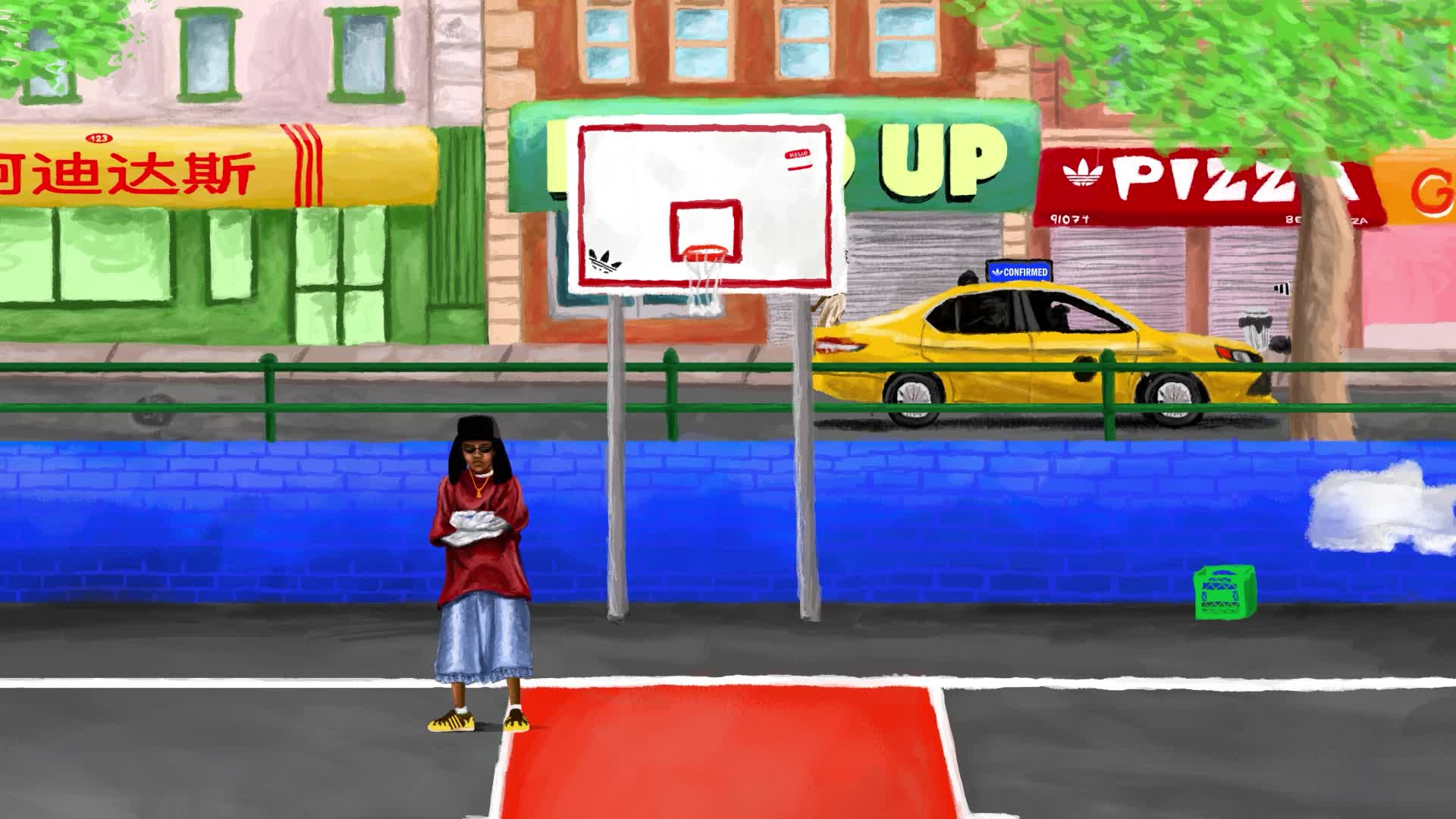 A person in casual clothing stands on a basketball court in front of a colorful urban street scene with various businesses and a yellow taxi.