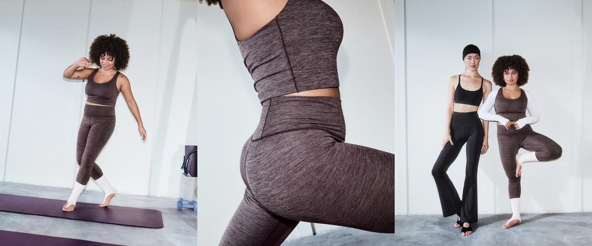 Hình ảnh này mô tả một số cá nhân mặc quần áo thể thao, bao gồm quần legging và áo ngực thể thao, đứng trên thảm tập với hình như là một phòng tập hoặc phòng gym.