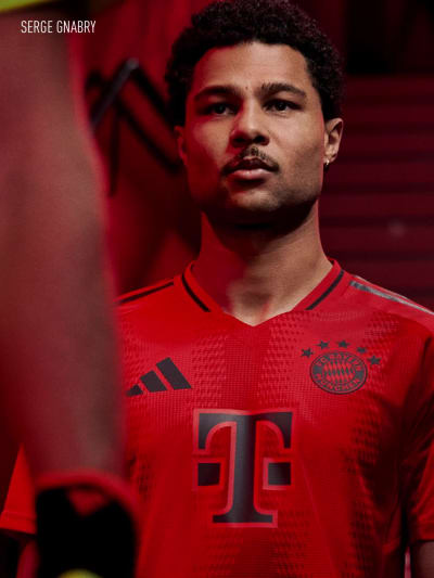 Visual composition of male and female players wearing the new FC Bayern 24/25 home kit