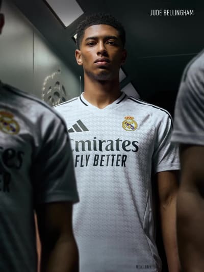 Visual composition featuring male and female players wearing the new Real Madrid 24/25 Home Kit