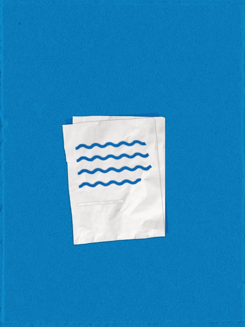 An icon with a white sheet on a blue background. Wavy lines gradually appear on the sheet