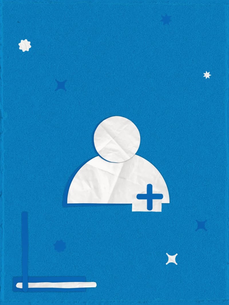 An image with a white icon of a person on a blue background with stars appearing