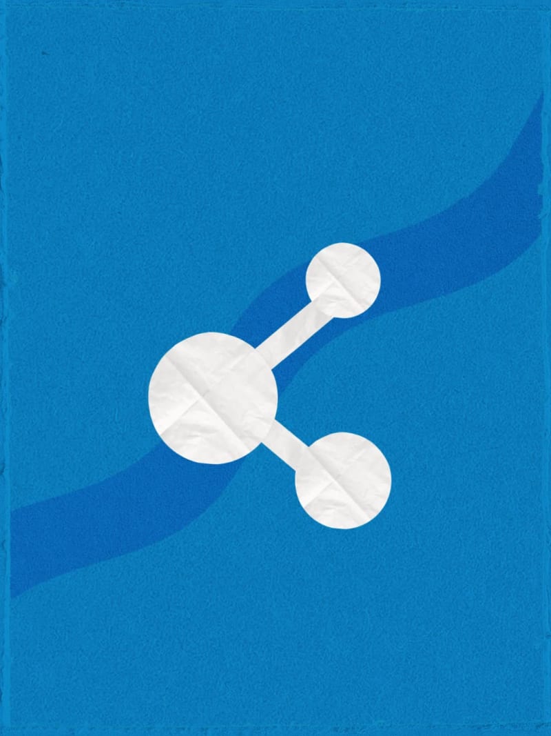 Icon with three white circles connected by straight stripes on a blue background