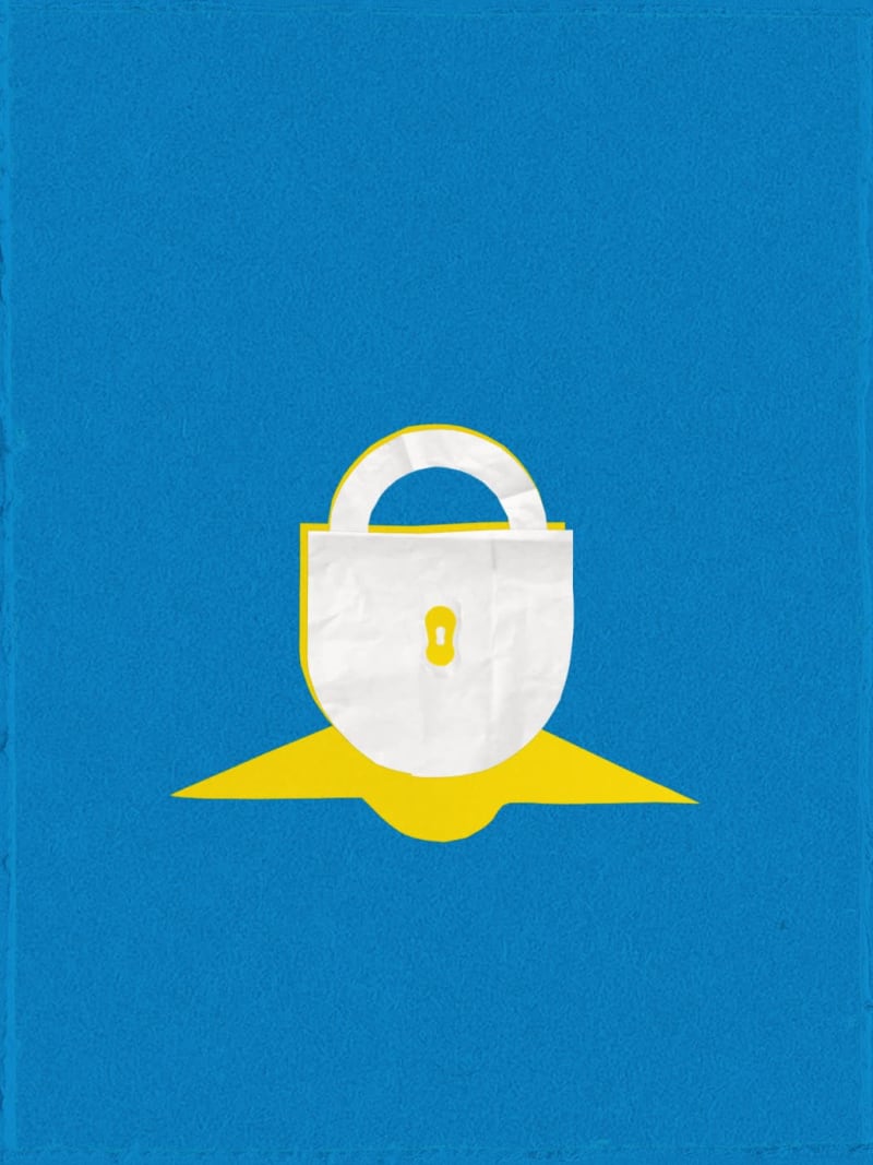 An image with a blue background and a white lock icon on a yellow stand