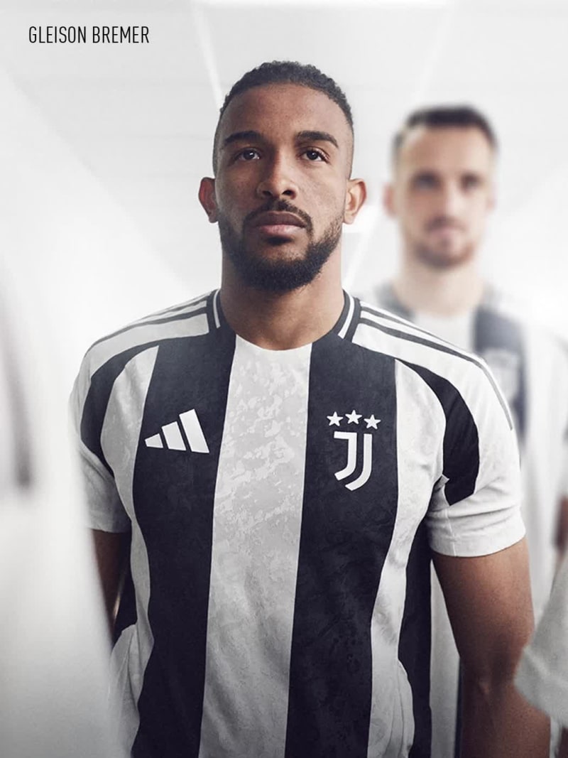 Visual composition of male and female players wearing the new Juventus 24/25 home kit