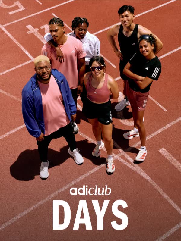 A three-image layout. One showing three people hanging out in a gym, one of a smiling group on a running track, shot from above, and the other a striking portrait of someone wearing adidas Originals. 